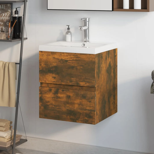 vidaXL Sink Cabinet with Built-in Basin Smoked Oak Engineered Wood