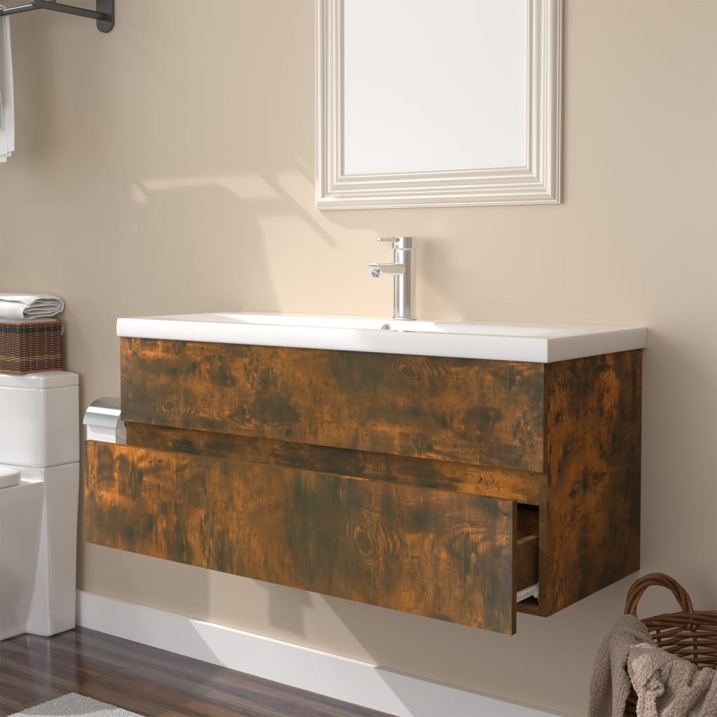 vidaXL Sink Cabinet with Built-in Basin Smoked Oak Engineered Wood