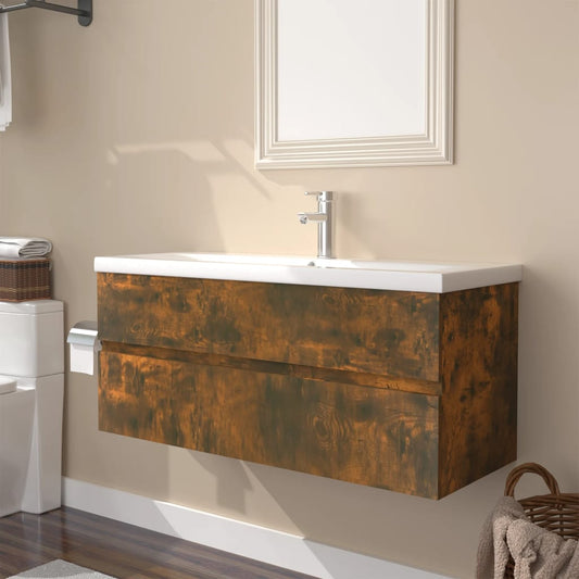 vidaXL Sink Cabinet with Built-in Basin Smoked Oak Engineered Wood