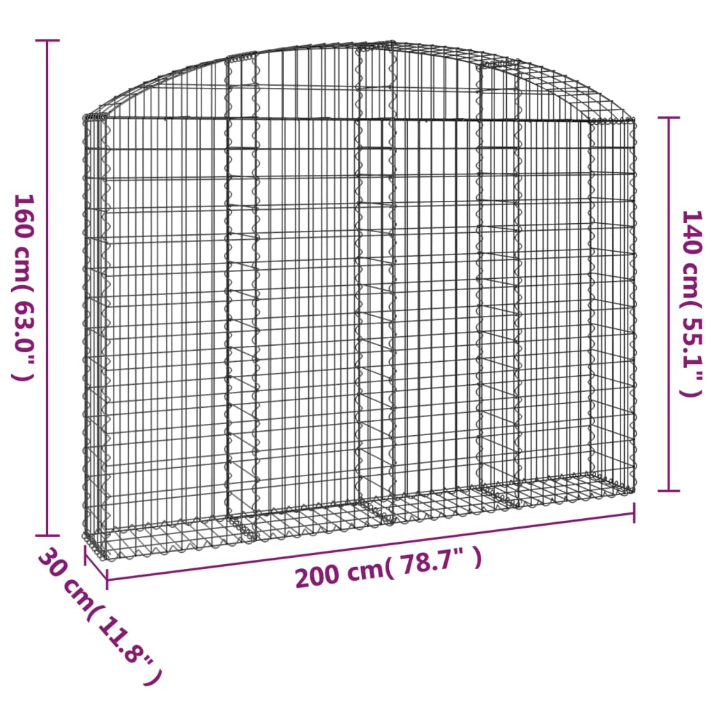 vidaXL Arched Gabion Basket 200x30x140/160 cm Galvanised Iron