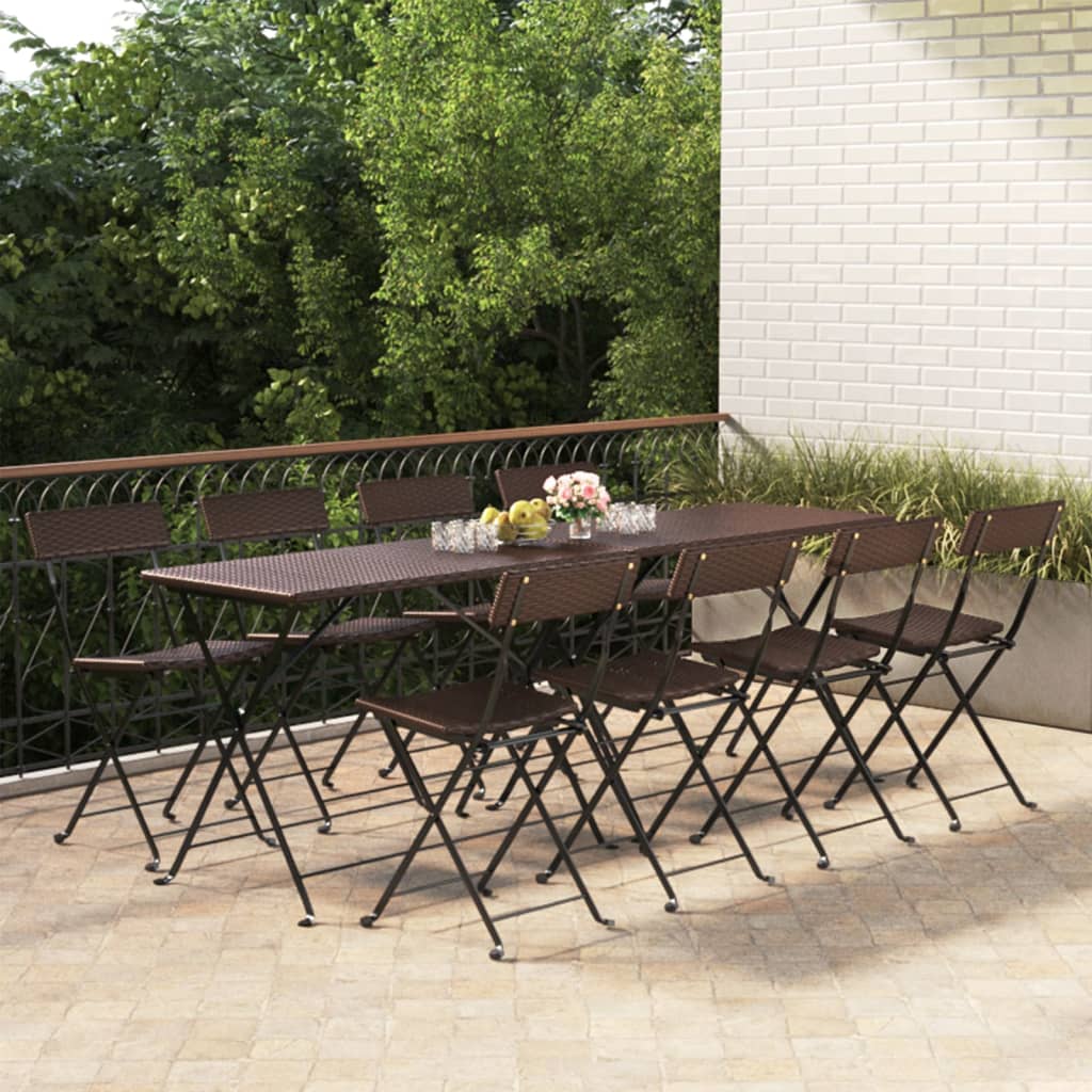 Folding Bistro Chair | Set of 8 | Brown | PE rattan, powder-coated steel
