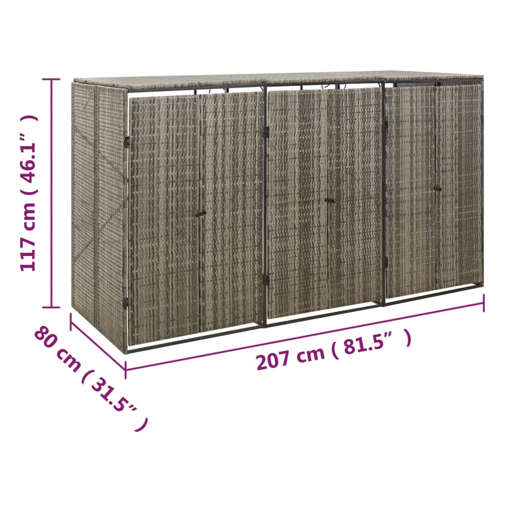 vidaXL Triple Wheelie Bin Shed Grey 207x80x117 cm Poly Rattan