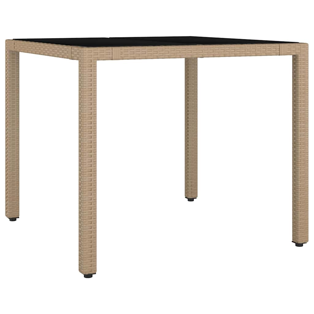 Garden Table with Glass Top Beige Poly Rattan&Tempered Glass