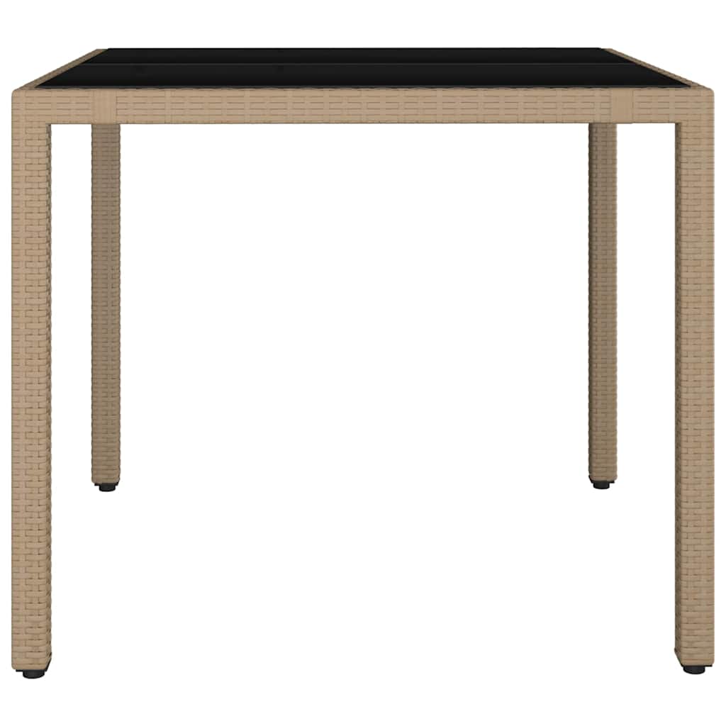 Garden Table with Glass Top Beige Poly Rattan&Tempered Glass