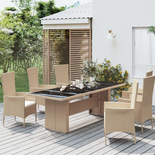 vidaXL Garden Table with Glass Top Beige Poly Rattan&Tempered Glass