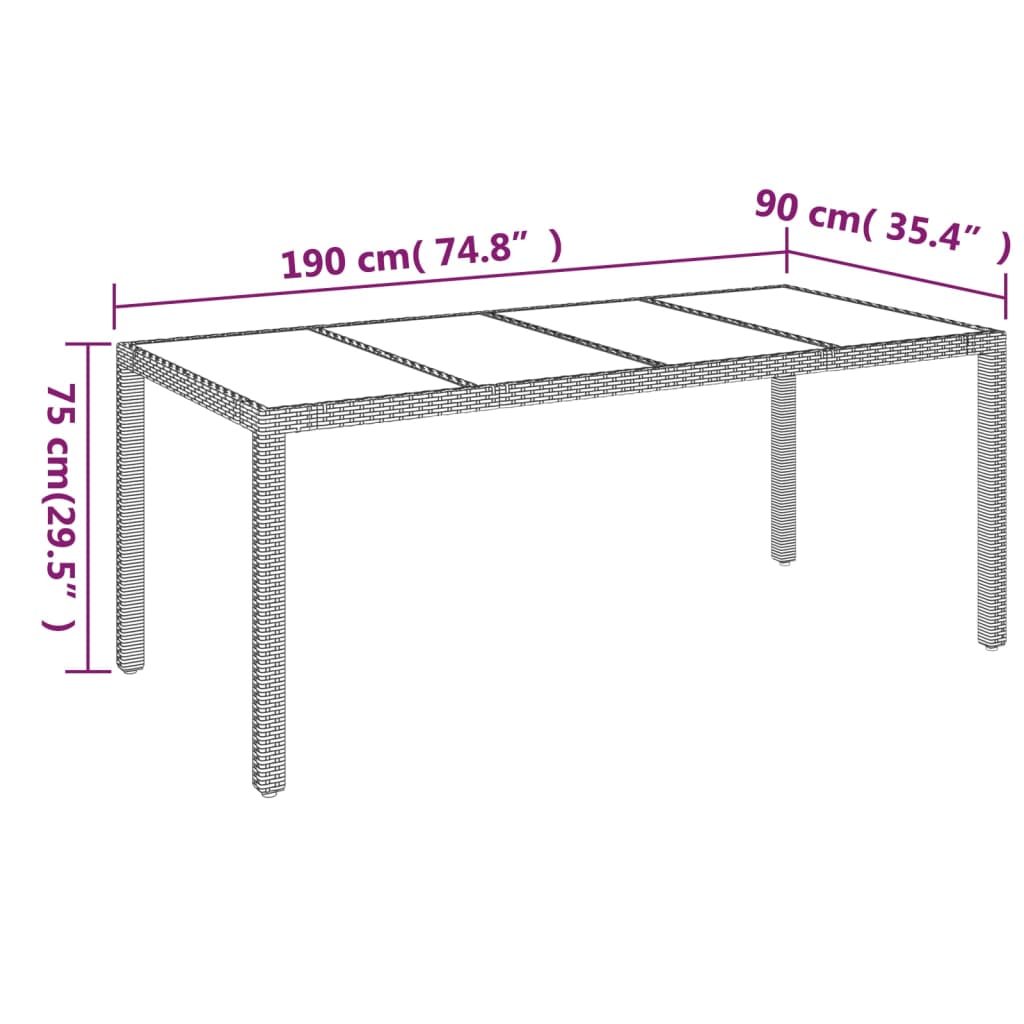 vidaXL Garden Table with Glass Top Grey 190x90x75 cm Poly Rattan