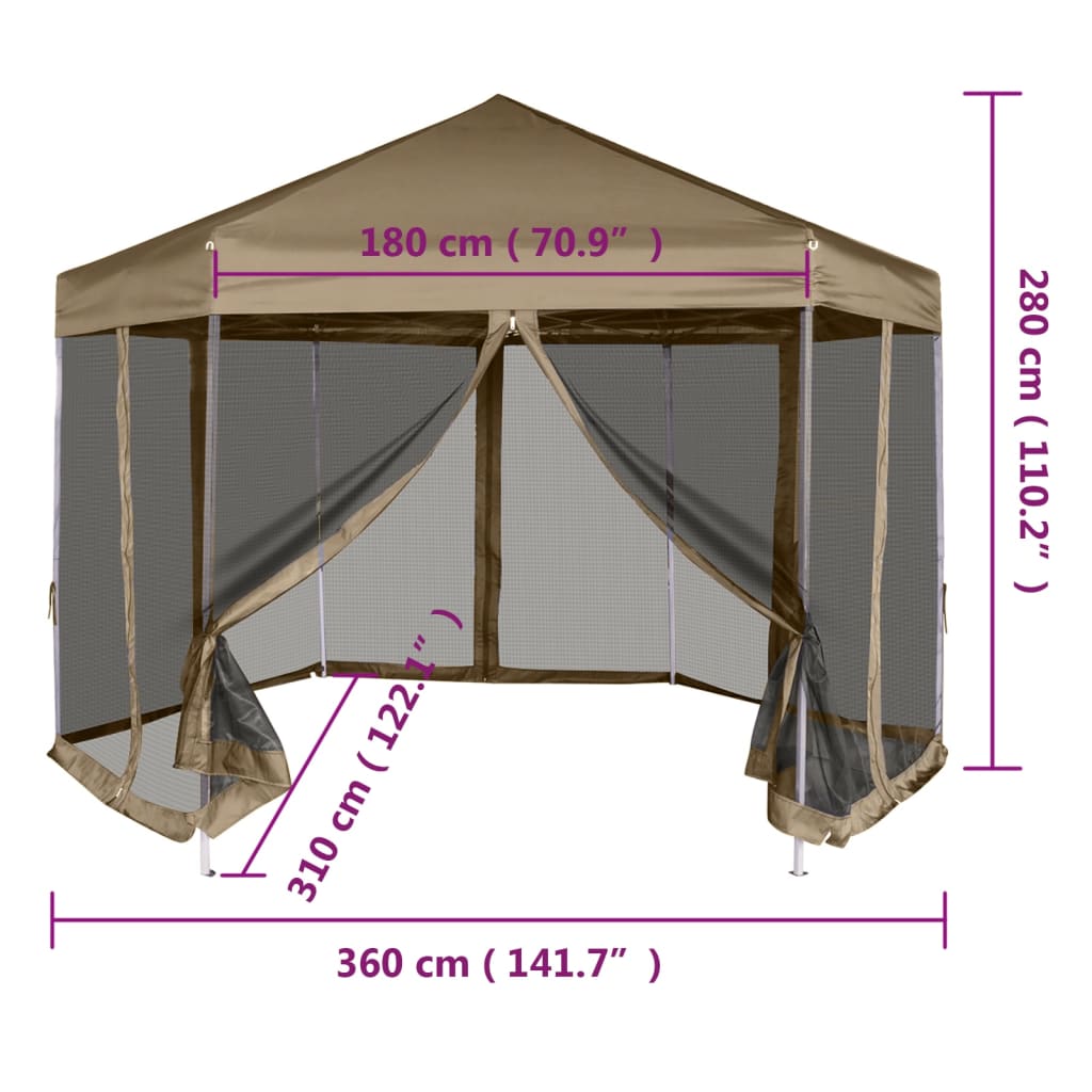 vidaXL Hexagonal Pop-Up Marquee with Sidewalls 3.6x3.1 m Taupe 220g/m²