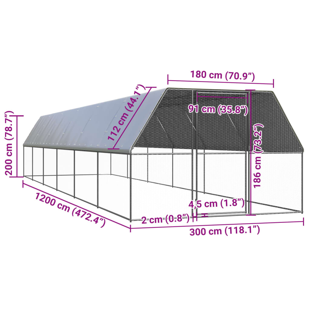 vidaXL Outdoor Chicken Cage 3x12x2 m Galvanised Steel