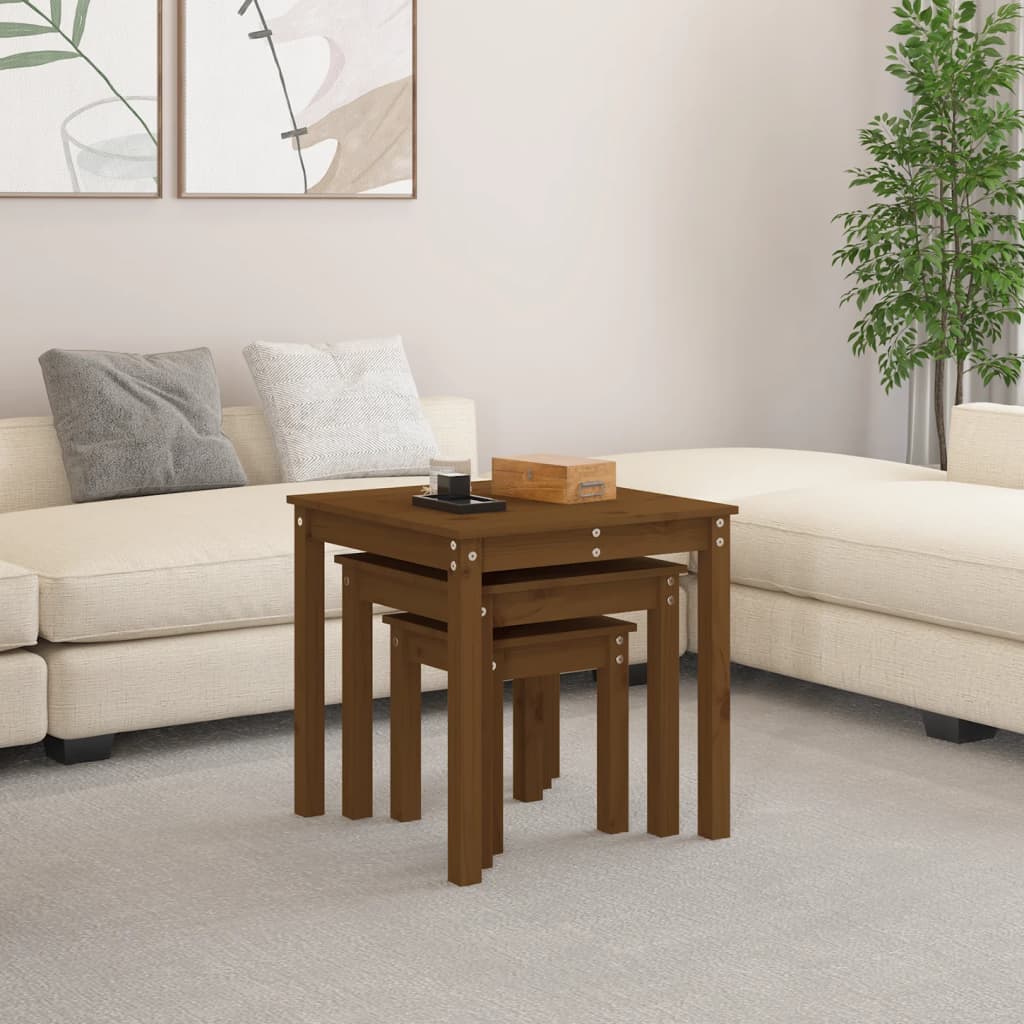 Nesting Tables 3 pcs Honey Brown Solid Wood Pine