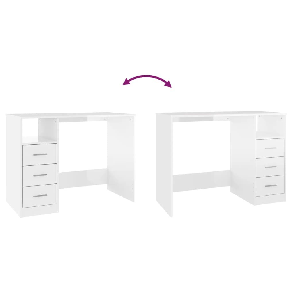 vidaXL Desk with Drawers High Gloss White 102x50x76 cm Engineered Wood