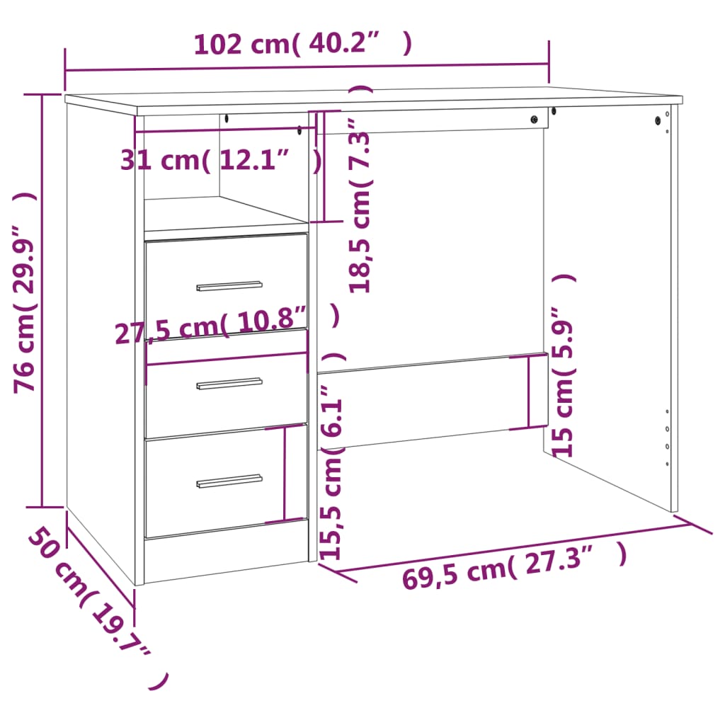 vidaXL Desk with Drawers High Gloss White 102x50x76 cm Engineered Wood