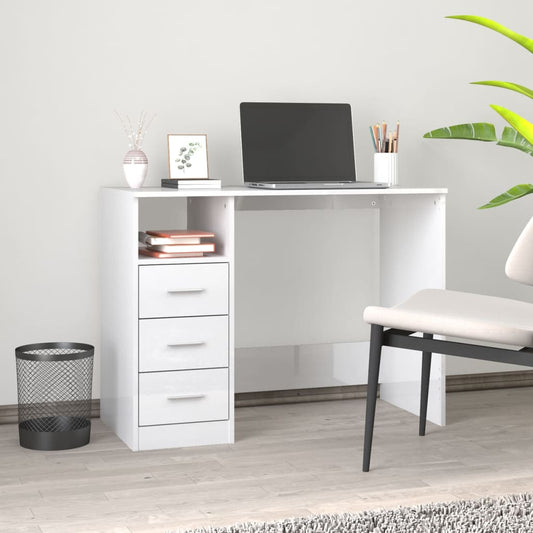 vidaXL Desk with Drawers High Gloss White 102x50x76 cm Engineered Wood