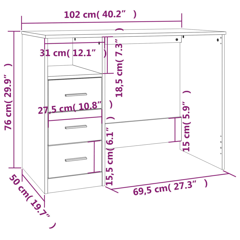 vidaXL Desk with Drawers Smoked Oak 102x50x76 cm Engineered Wood