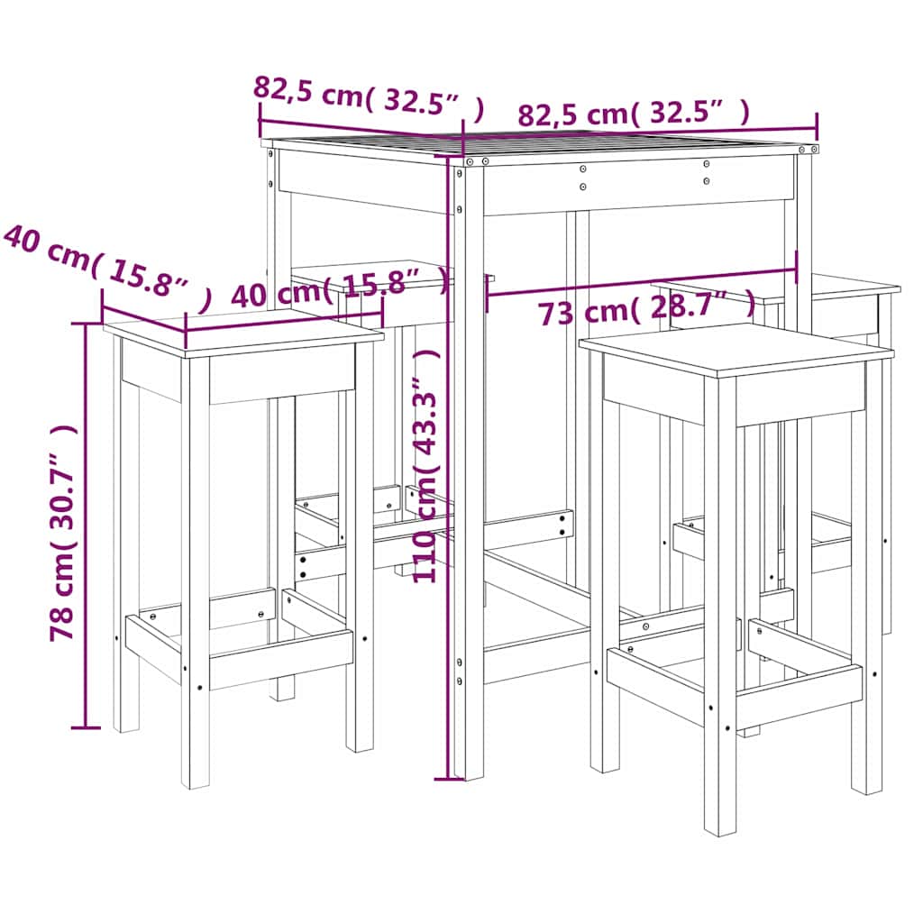 5 Piece Garden Bar Set White Solid Wood Pine