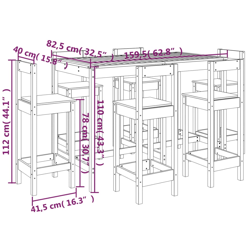 vidaXL 7 Piece Garden Bar Set Grey Solid Wood Pine