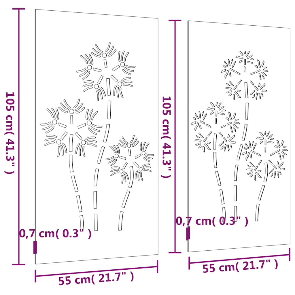 824487 vidaXL Garden Wall Decorations 2pcs 105x55cm Corten Steel Flower Design