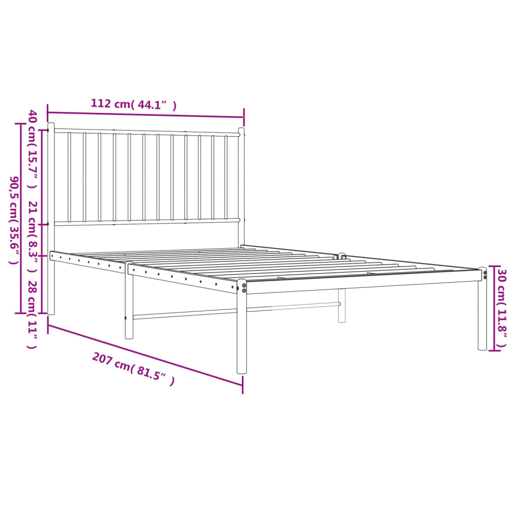 vidaXL Metal Bed Frame without Mattress with Headboard Black 107x203cm