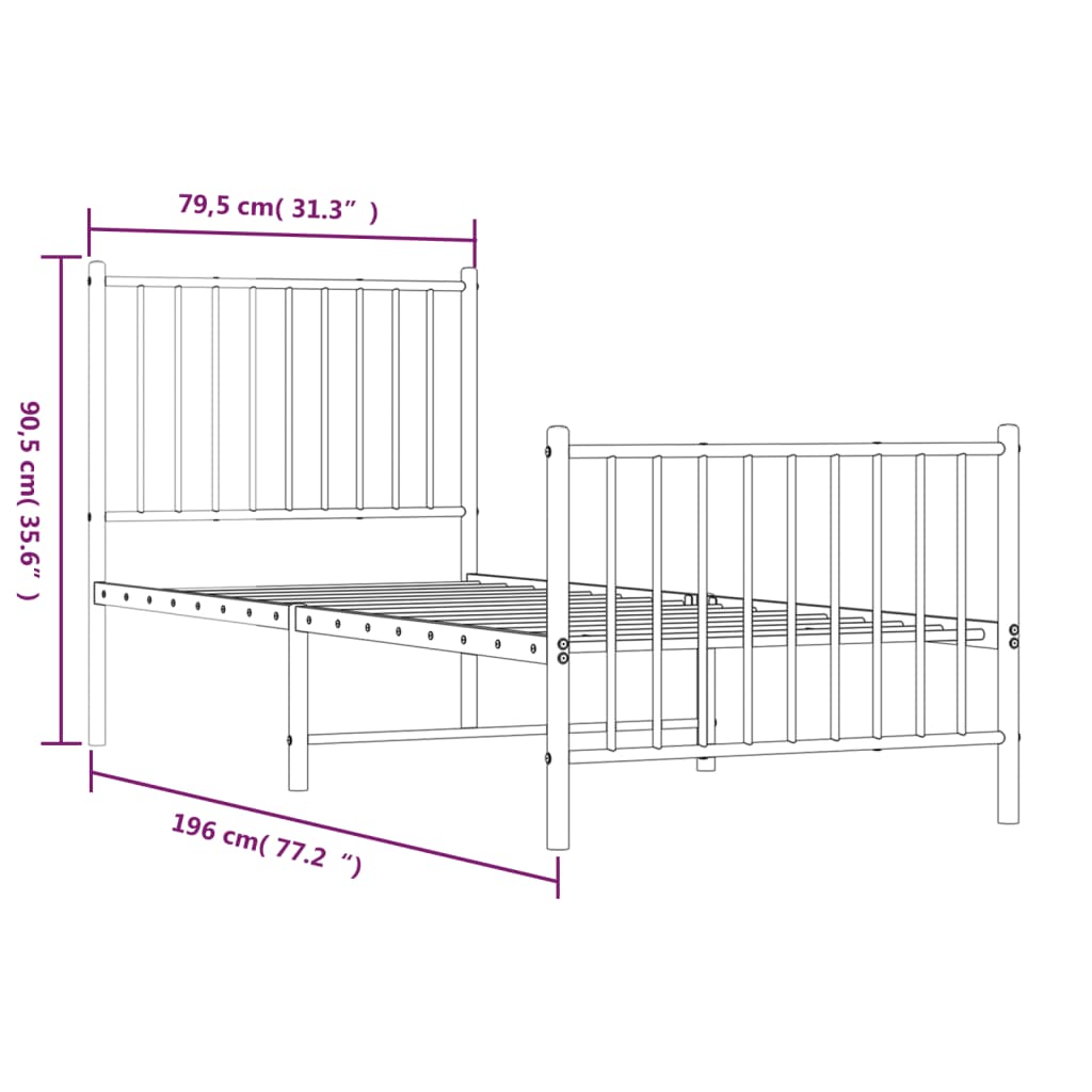 vidaXL Metal Bed Frame without Mattress with Footboard Black 75x190cm