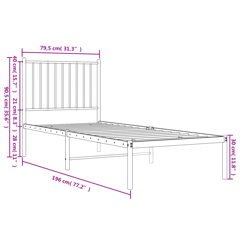 vidaXL Metal Bed Frame without Mattress with Headboard White 75x190cm