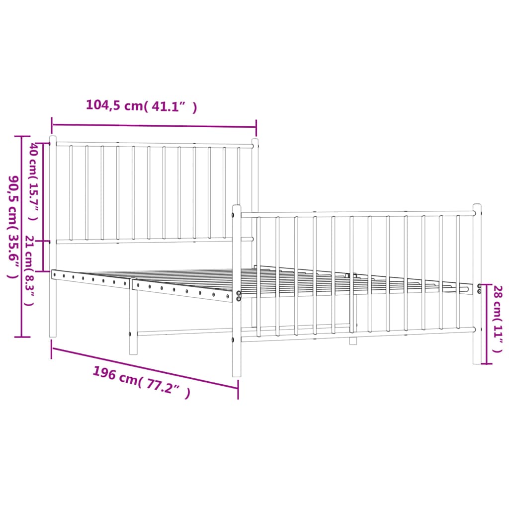 vidaXL Metal Bed Frame without Mattress with Footboard White 100x190cm