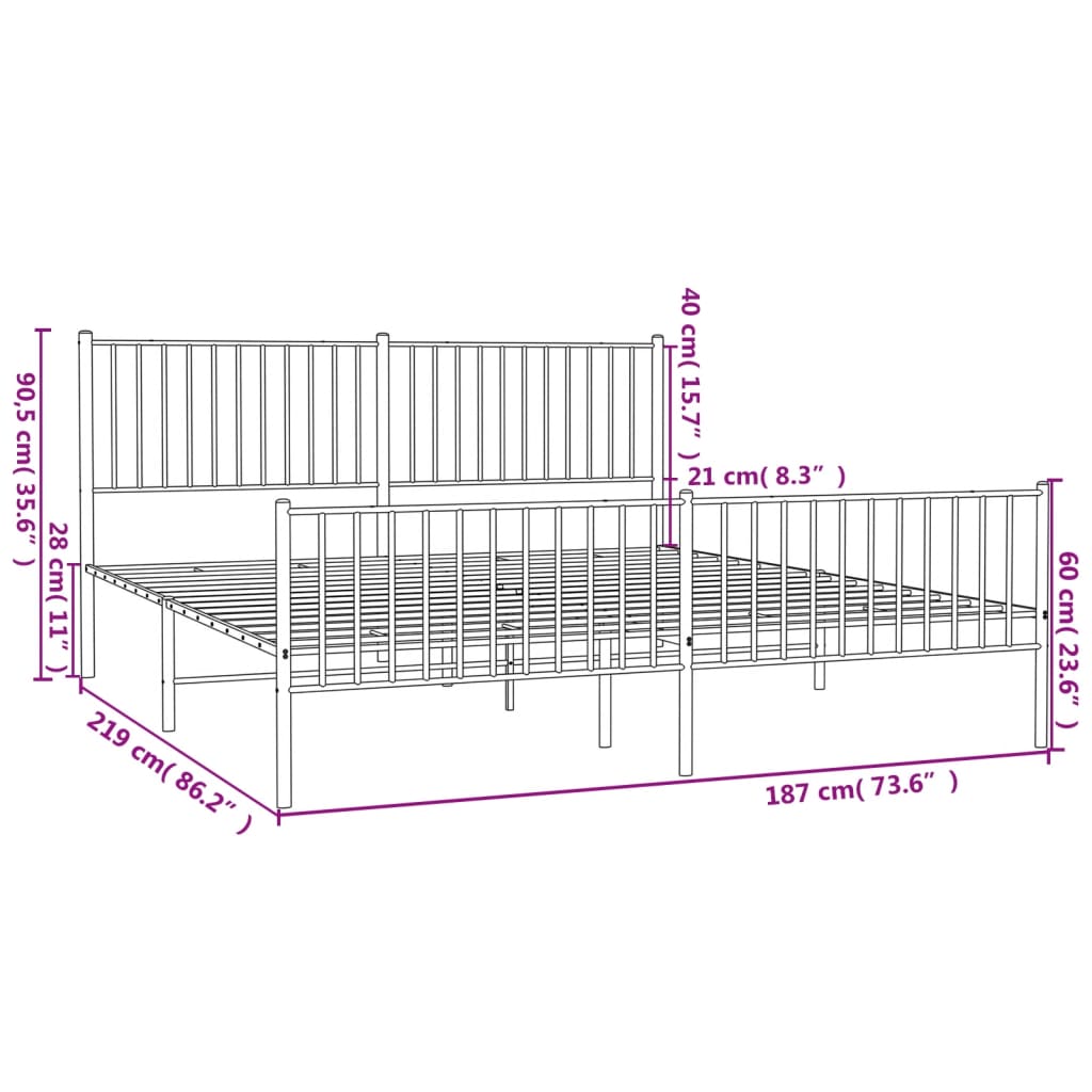 vidaXL Metal Bed Frame without Mattress with Footboard White 183x213cm