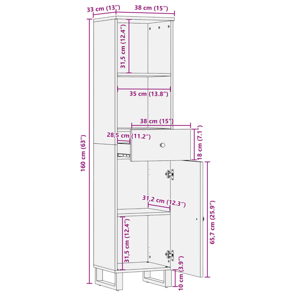 vidaXL Bathroom Cabinet 38x33x160 cm Solid Wood Reclaimed