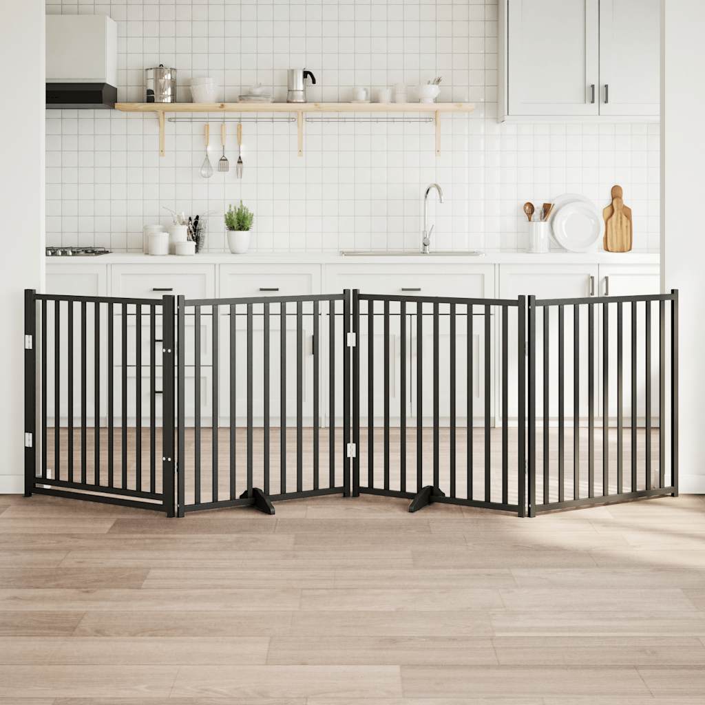 Dog Gate with Door Foldable 4 Panels Black 320cm Solid Wood Fir
