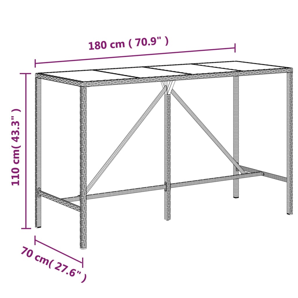 vidaXL Bar Table with Glass Top Black 180x70x110 cm Poly Rattan