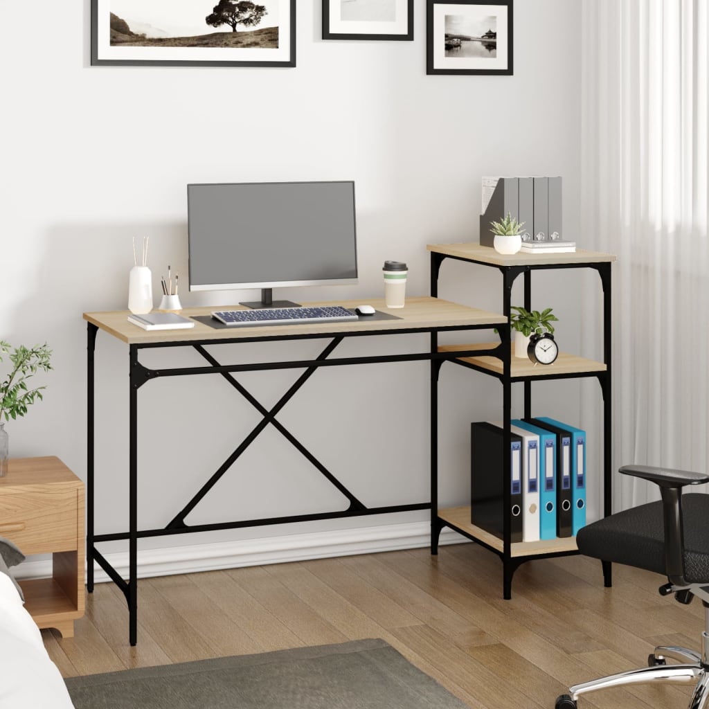 vidaXL Desk with Shelves Sonoma Oak 135x50x90 cm Engineered Wood&Iron