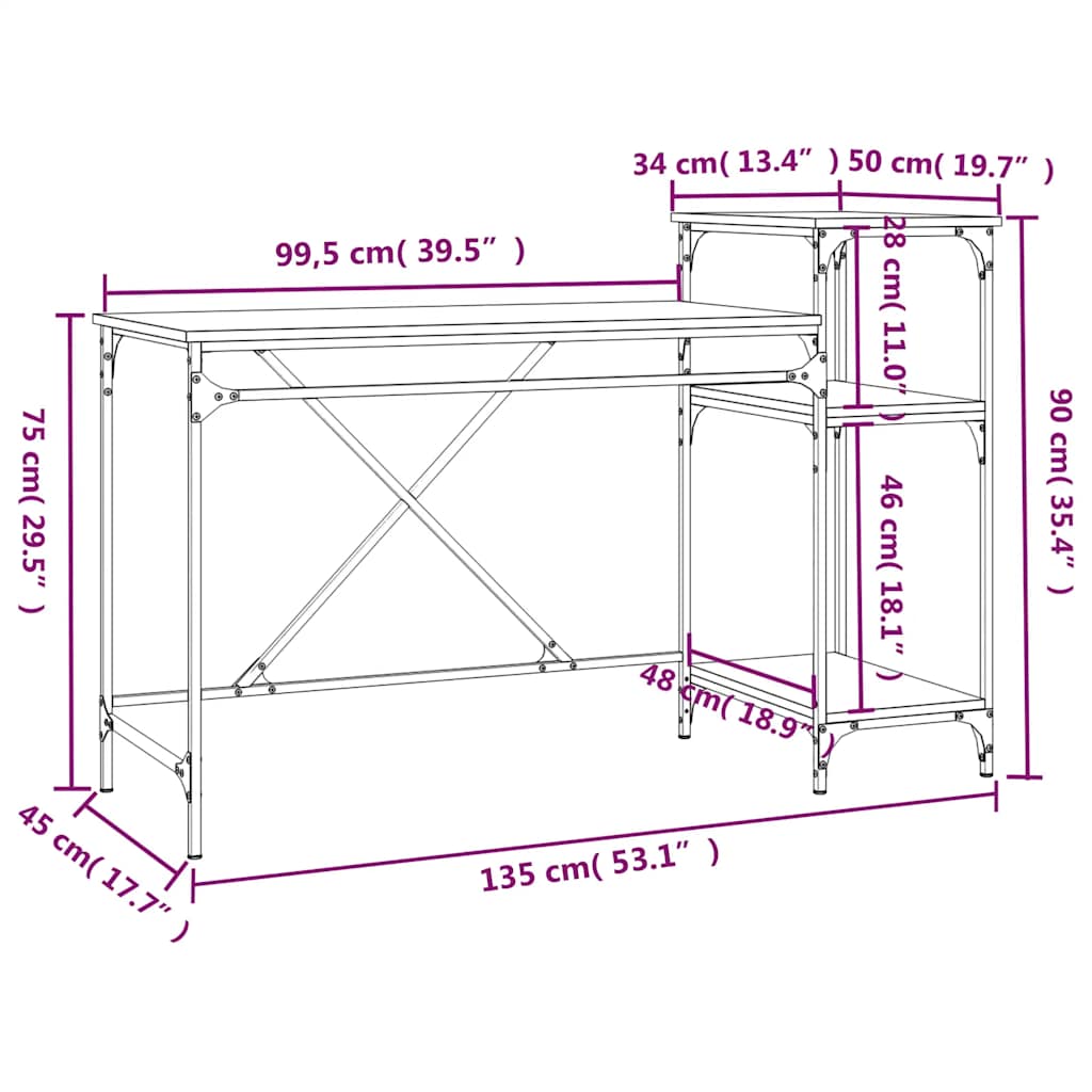 Desk with Shelves Sonoma Oak 135x50x90 cm Engineered Wood&Iron