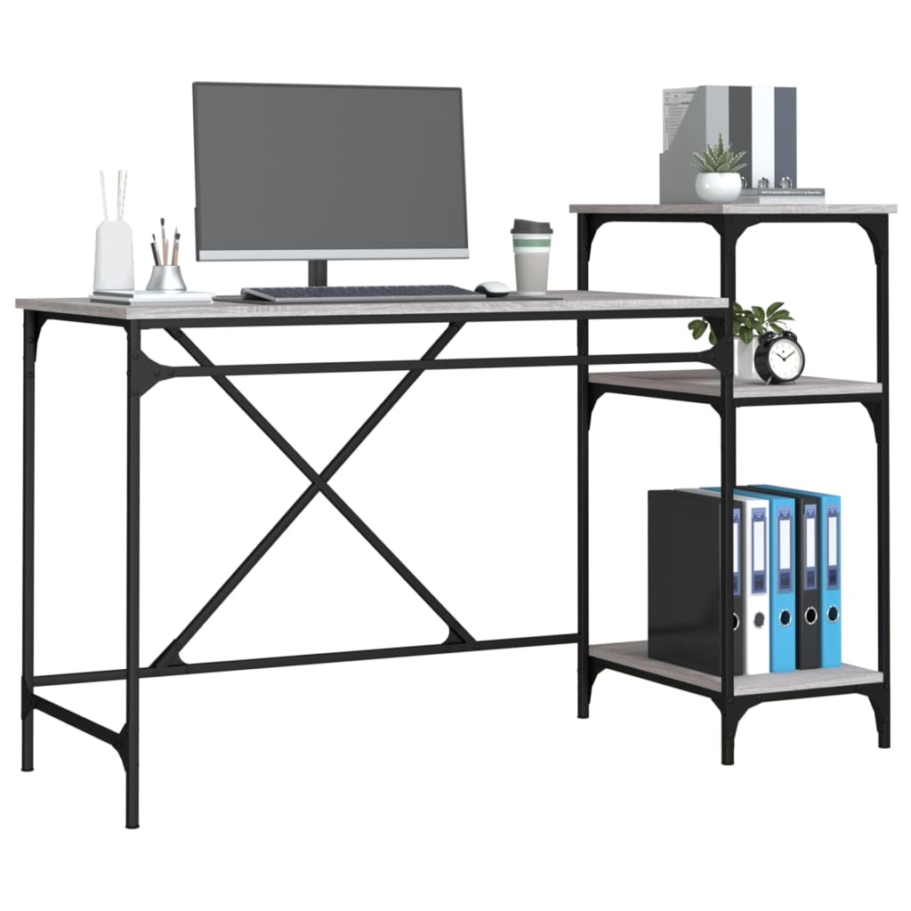 vidaXL Desk with Shelves Grey Sonoma 135x50x90 cm Engineered Wood&Iron