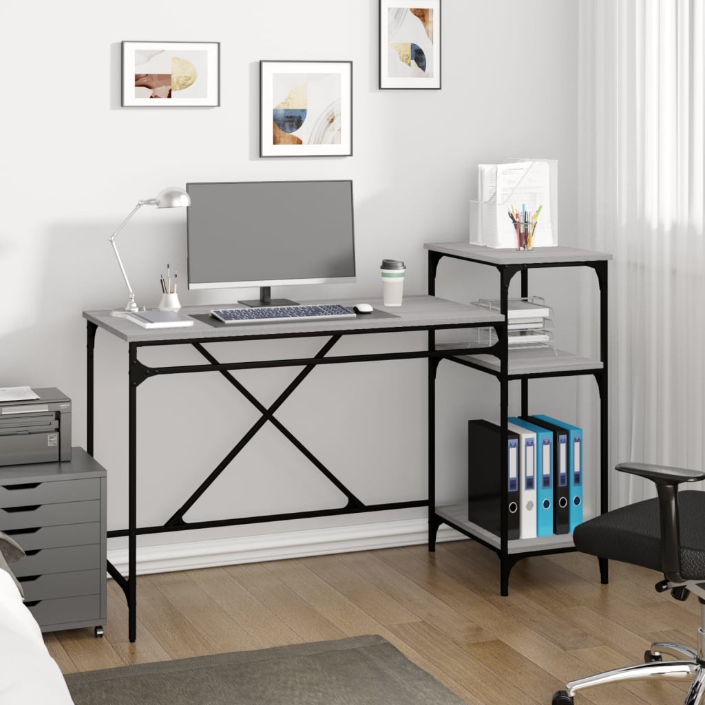 vidaXL Desk with Shelves Grey Sonoma 135x50x90 cm Engineered Wood&Iron
