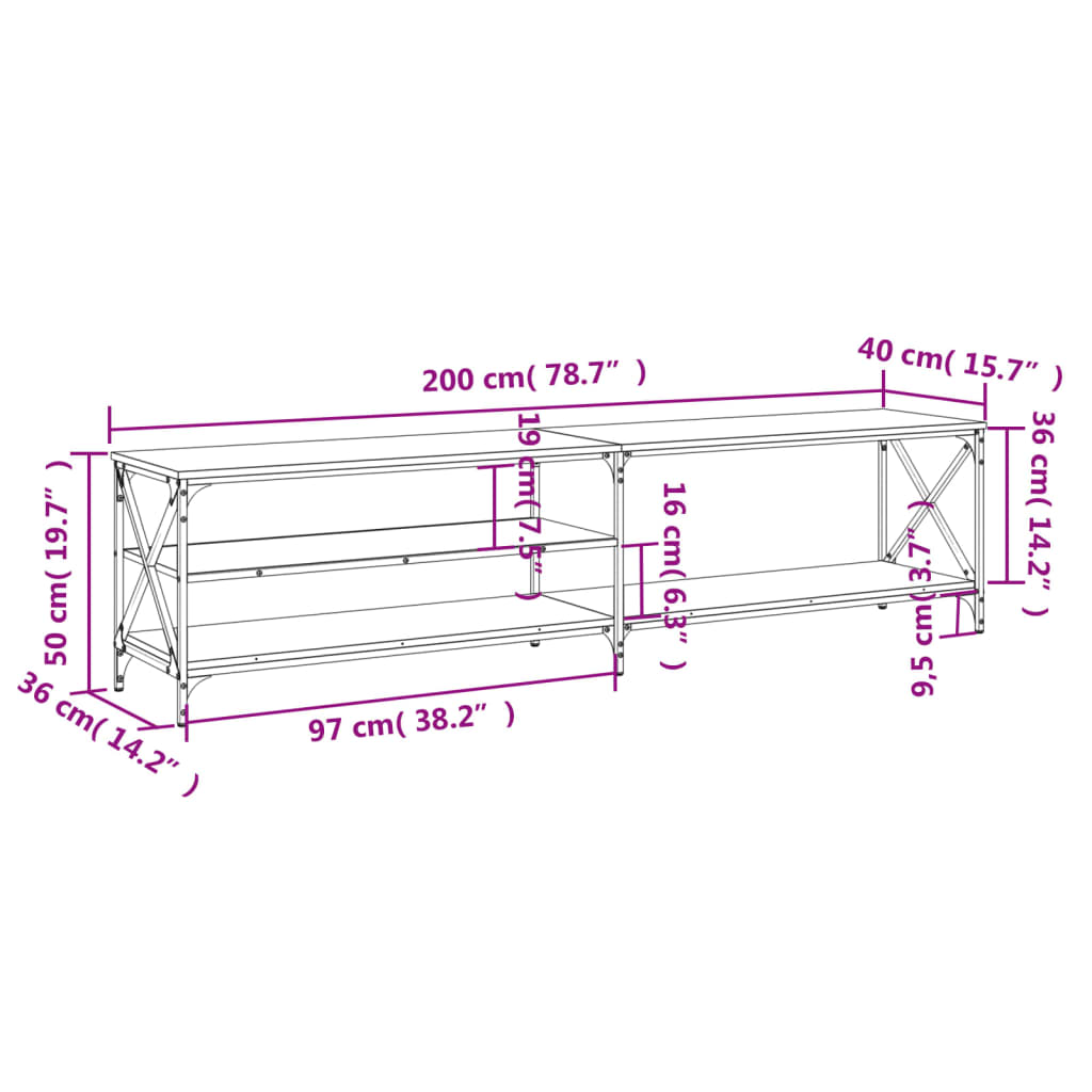 vidaXL TV Cabinet Black 200x40x50 cm Engineered Wood and Metal