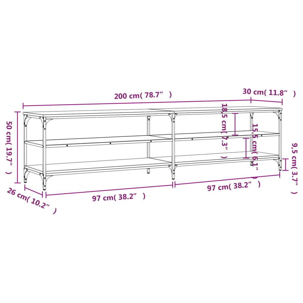 vidaXL TV Cabinet Black 200x30x50 cm Engineered Wood and Metal