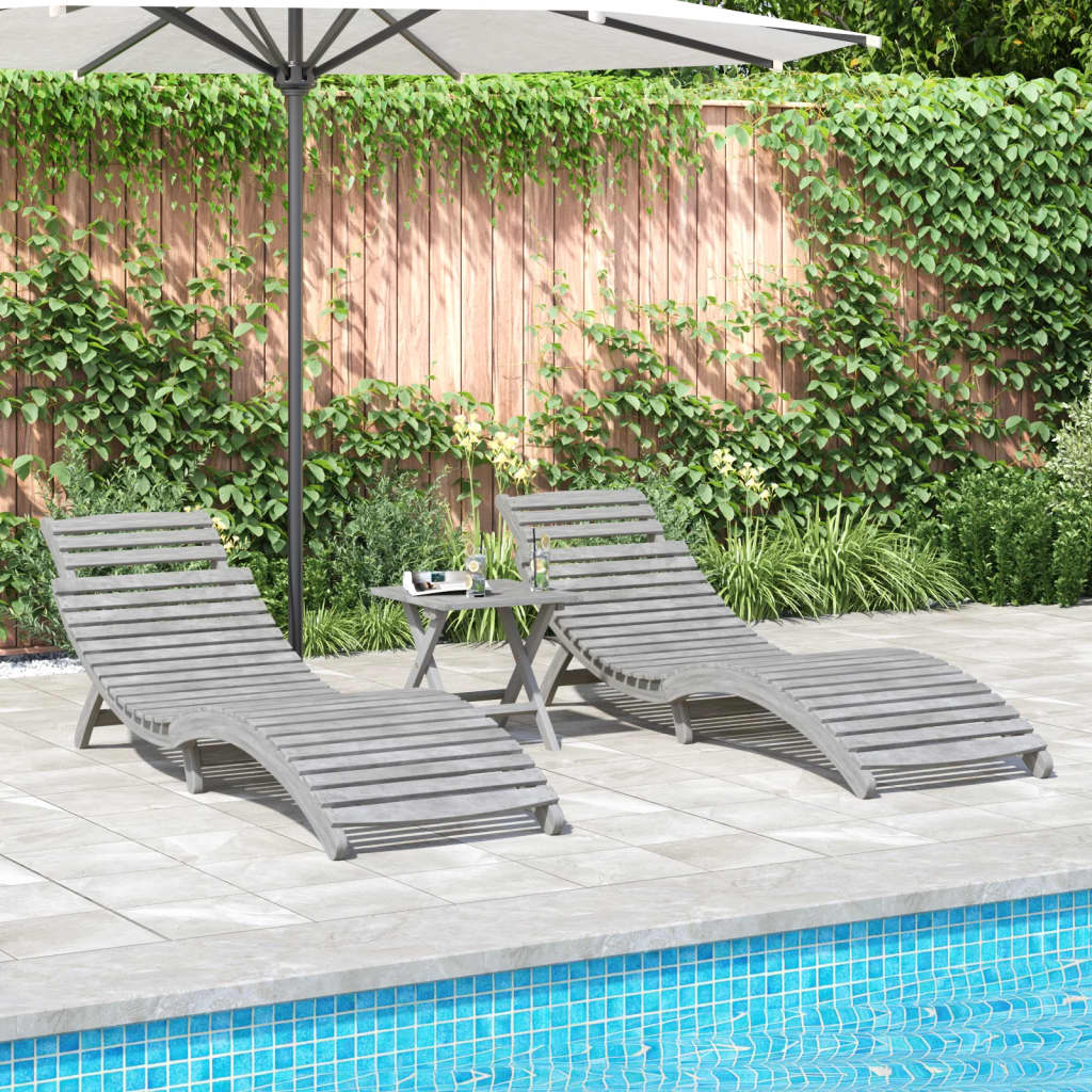 Sun Lounger |  Set of 2 | Grey | Solid acacia wood