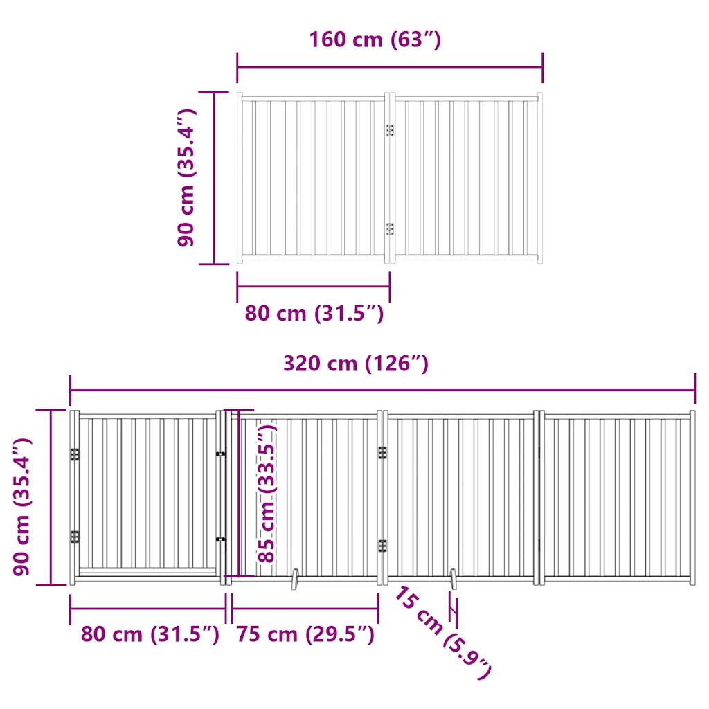 vidaXL Dog Gate with Door Foldable 8 Panels Black 640 cm Poplar Wood