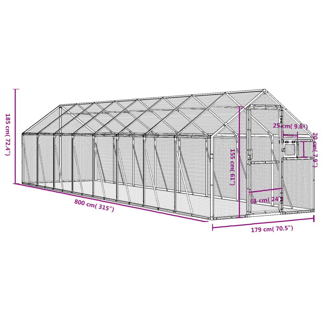 vidaXL Aviary Silver 1.79x8x1.85 m Aluminium