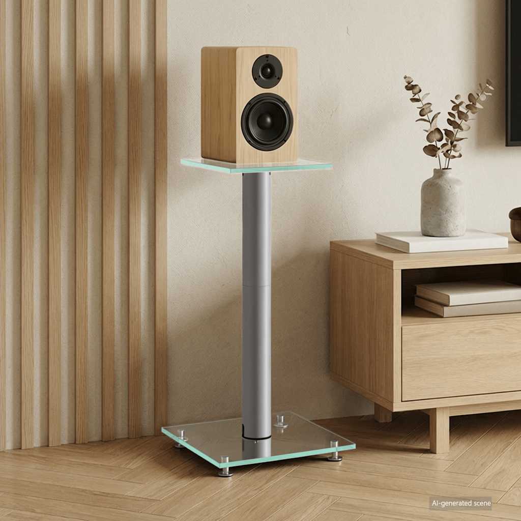 Speaker Stands 2 pcs Silver Tempered Glass 1 Pillar Design