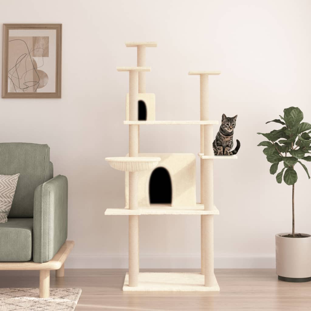 Cat Tree with Sisal Scratching Posts Cream 166 cm