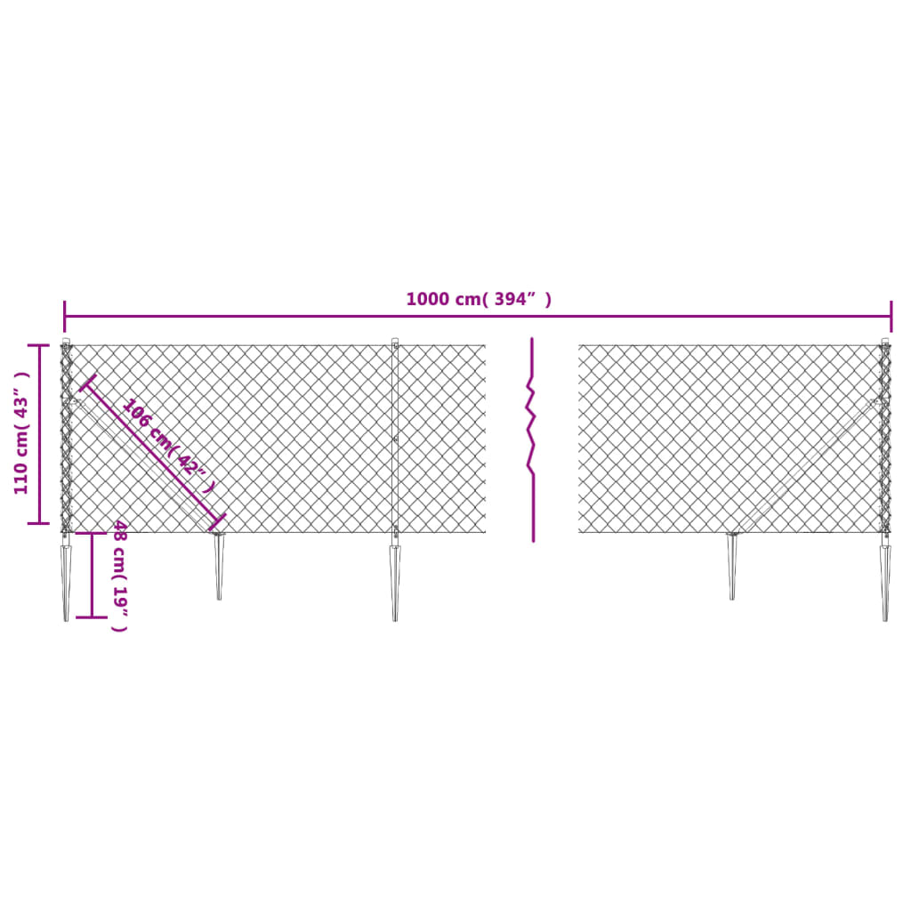 vidaXL Chain Link Fence with Spike Anchors Green 1.1x10 m