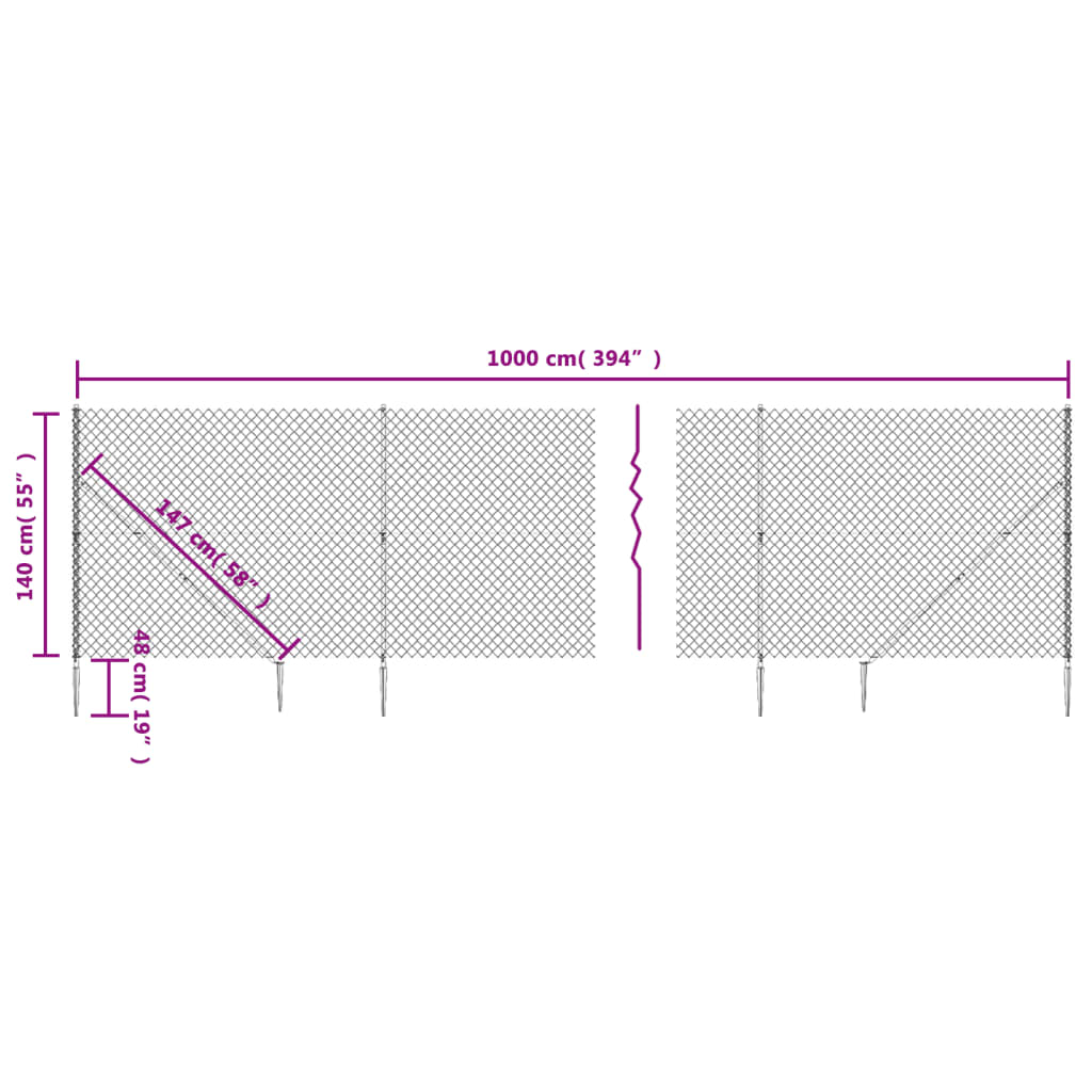 vidaXL Chain Link Fence with Spike Anchors Green 1.4x10 m