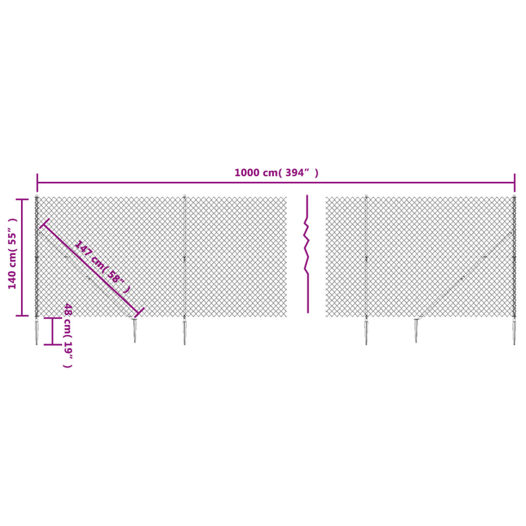 vidaXL Chain Link Fence with Spike Anchors Anthracite 1.4x10 m