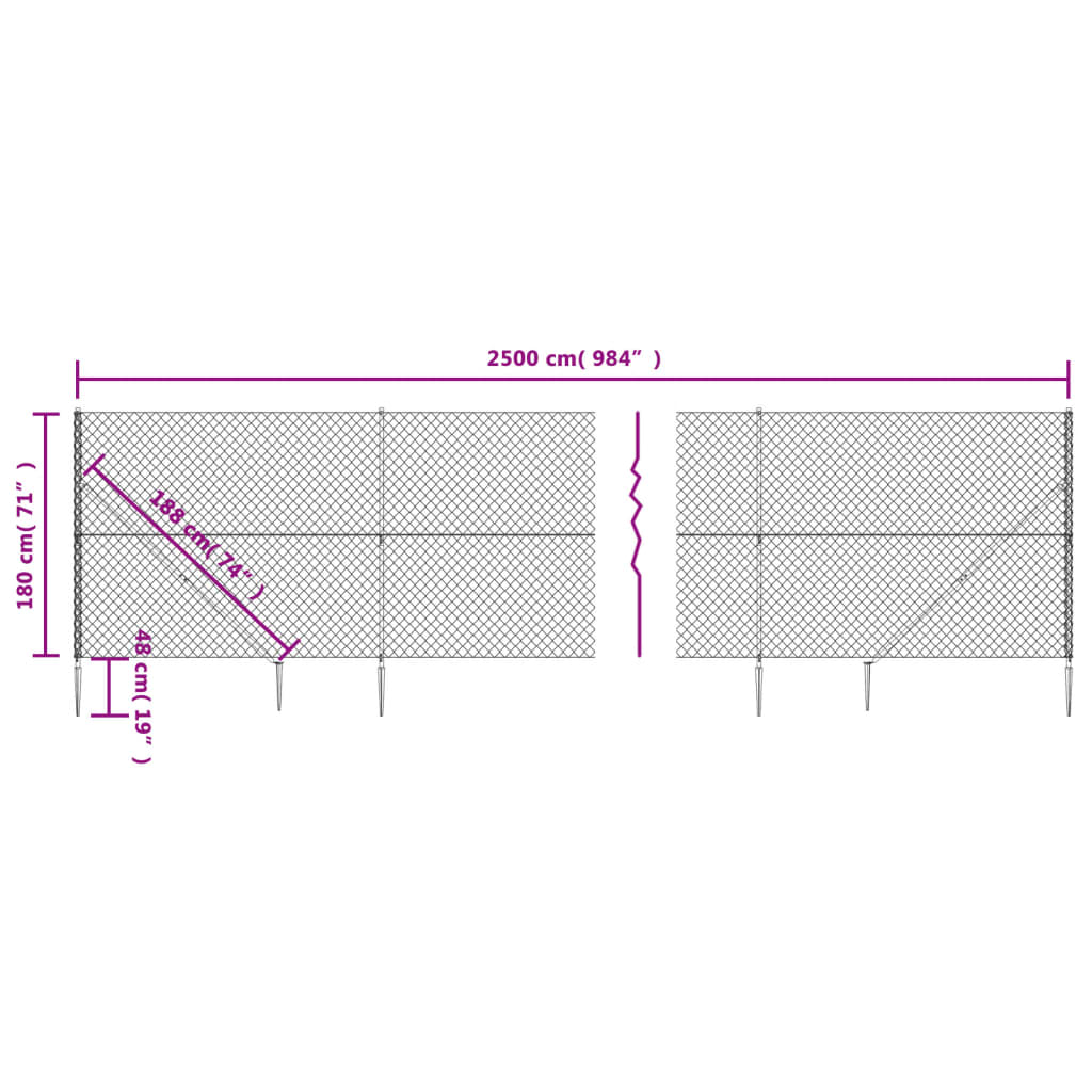 vidaXL Chain Link Fence with Spike Anchors Anthracite 1.8x25 m