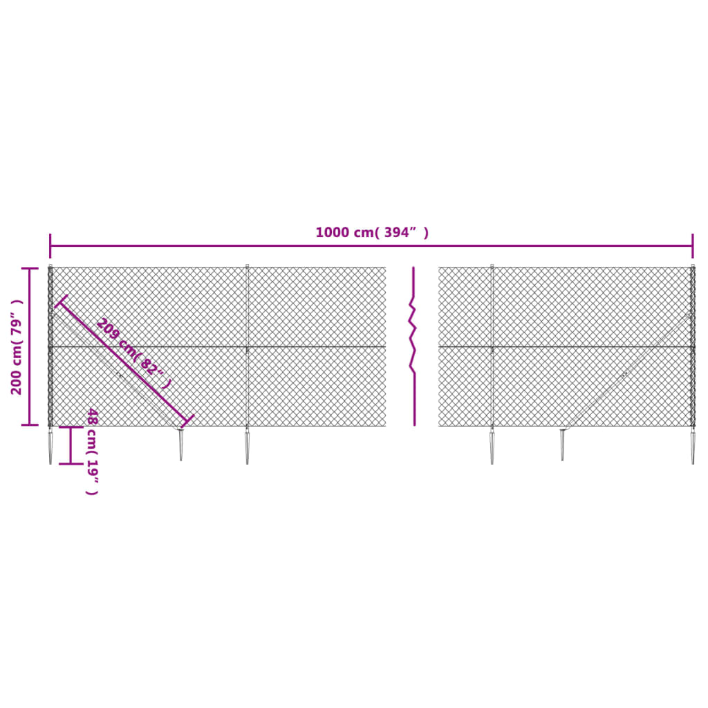 vidaXL Chain Link Fence with Spike Anchors Silver 2x10 m