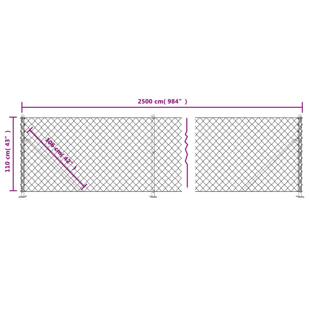 vidaXL Chain Link Fence with Flange Silver 1.1x25 m