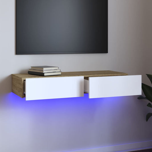 vidaXL TV Cabinet with LED Lights White and Sonoma Oak 90x35x15.5 cm