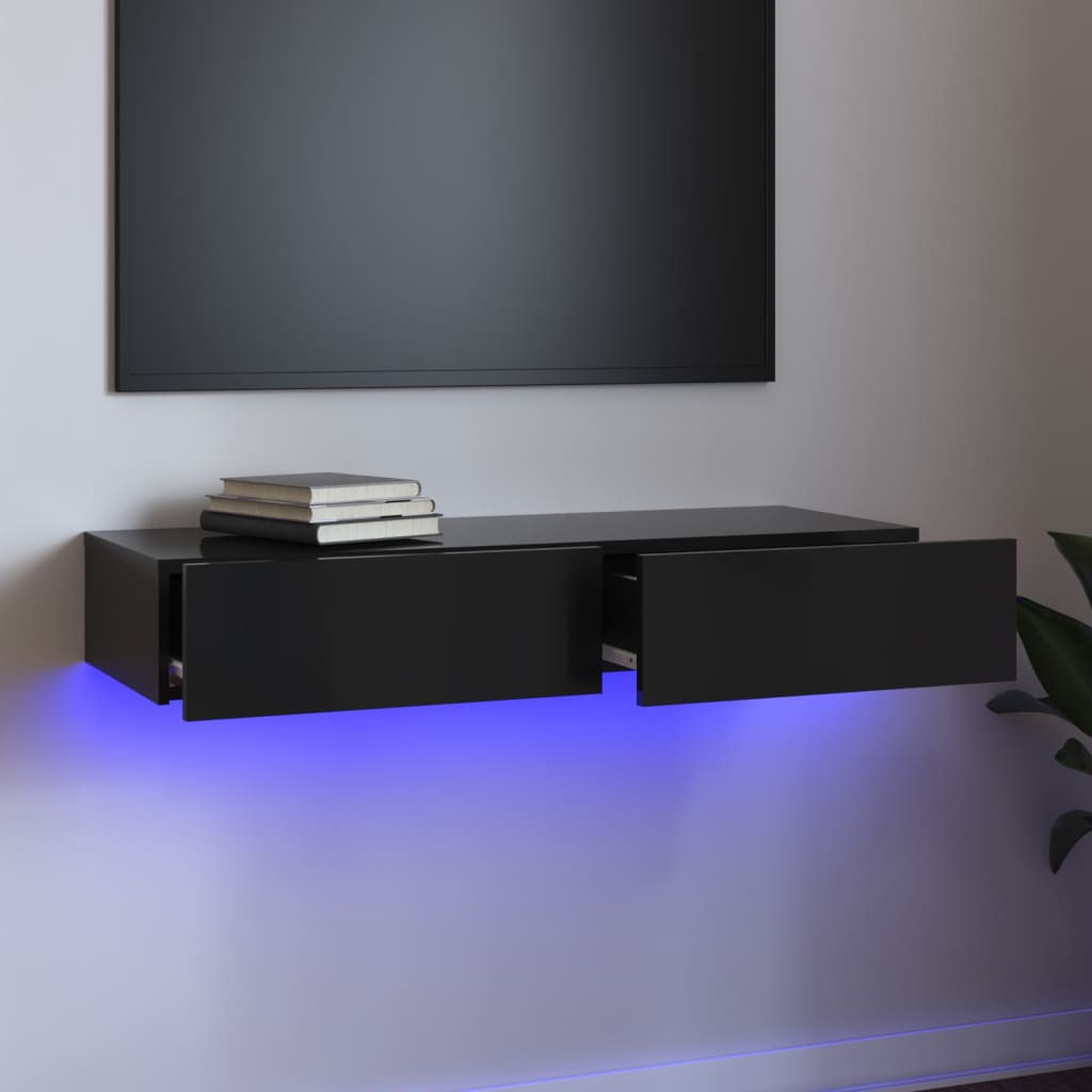 vidaXL TV Cabinet with LED Lights High Gloss Black 90x35x15.5 cm