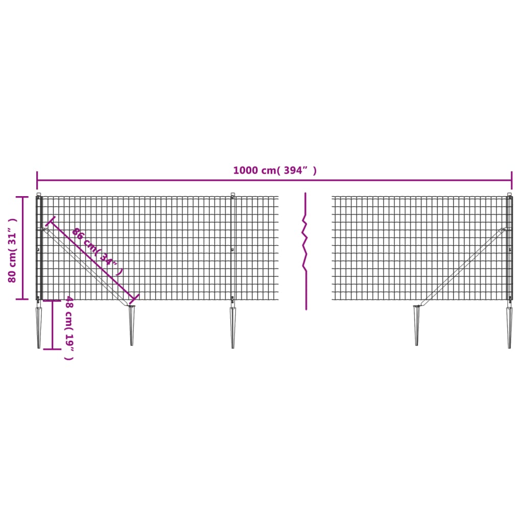 Wire Mesh Fence with Spike Anchors Green 0.8x10 m