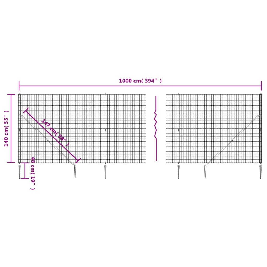 vidaXL Wire Mesh Fence with Spike Anchors Green 1.4x10 m