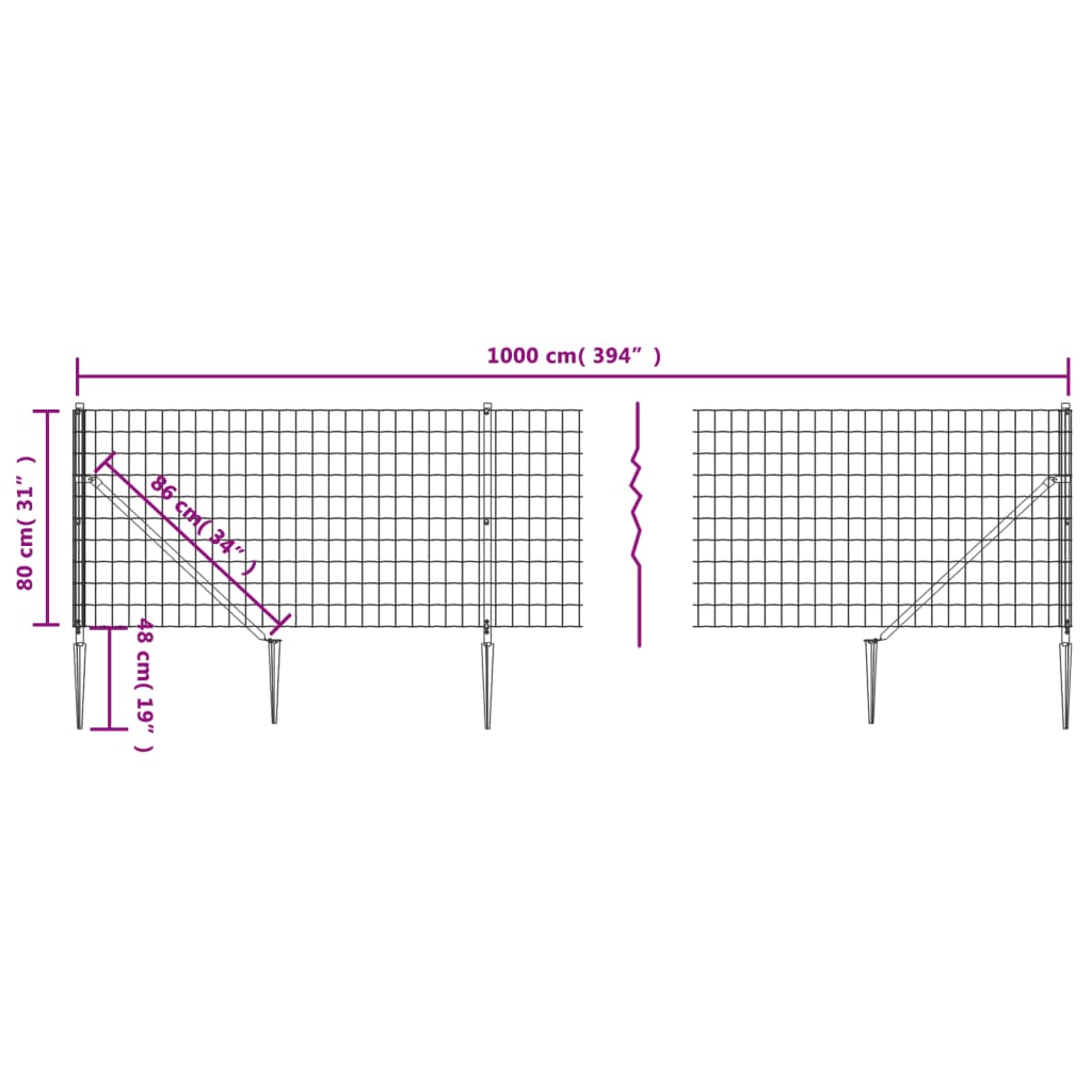 vidaXL Wire Mesh Fence with Spike Anchors Anthracite 0.8x10 m